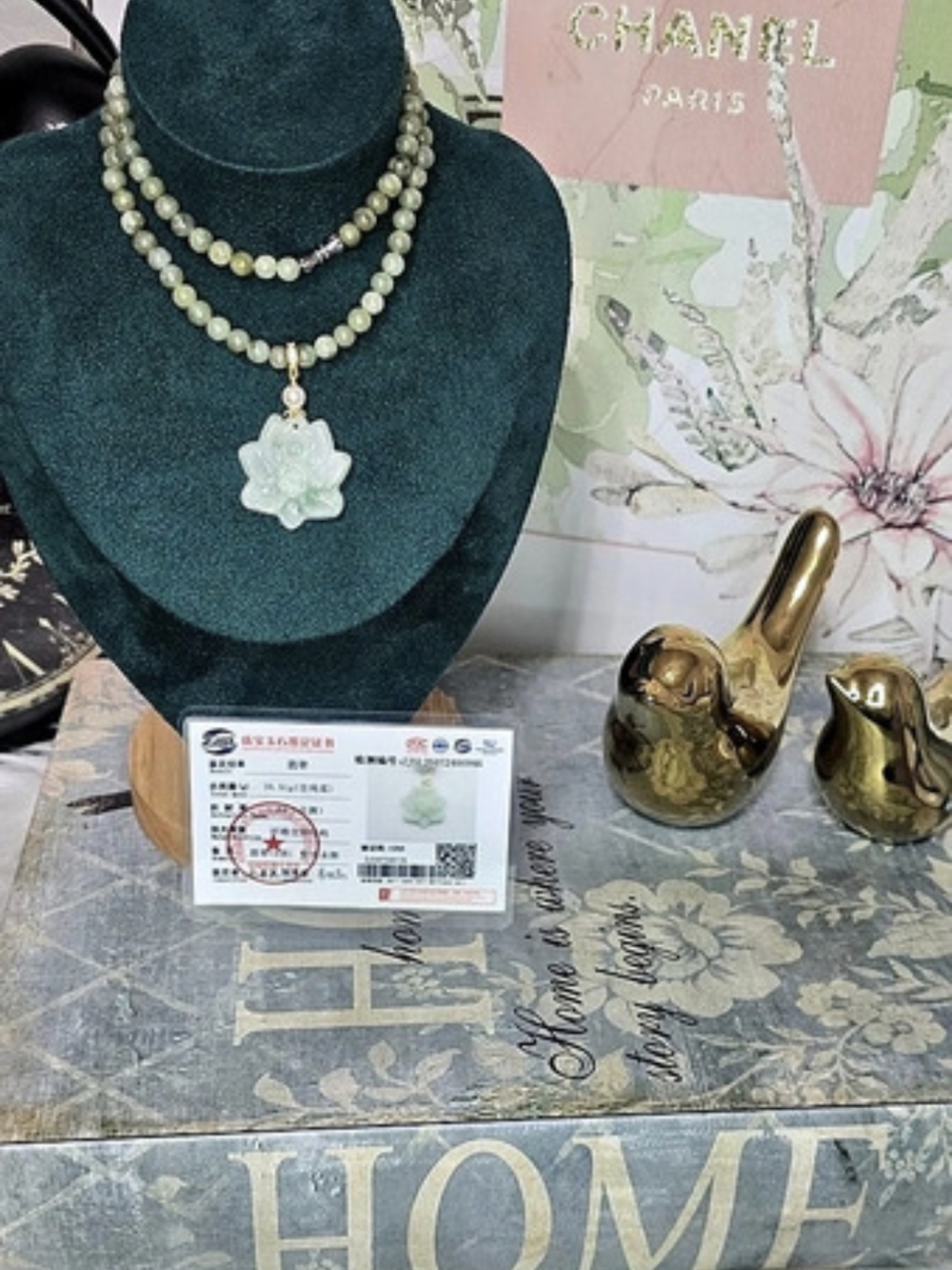Grade A Natural Apple Green Jade Beaded Necklace With Lotus Flower Charm Pendant